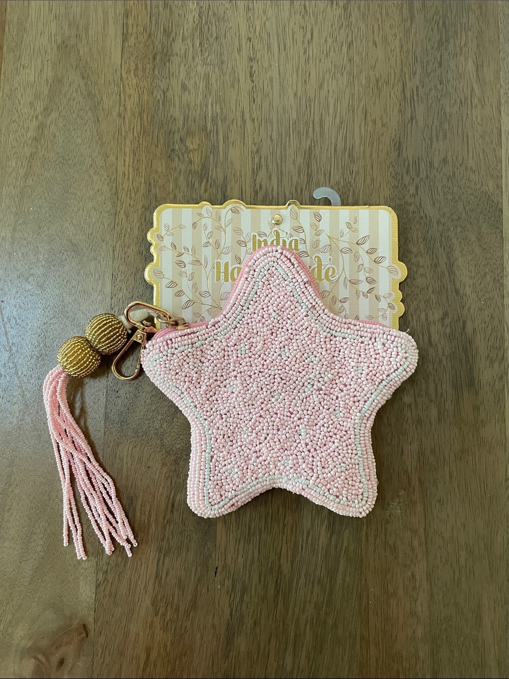 India Handmade Light Pink Beaded Star Coin Purse